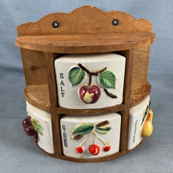 Antique Curved Spice Rack Made in Japan Ceramic & Wood Wall Mounted Compartment - Picture 1 of 5